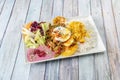 A combination plate of Middle Eastern recipes with rice, hummus, fresh cheese and salad Royalty Free Stock Photo