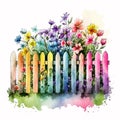 Rustic Elegance: Watercolor wood Garden Fence with Colorful Flowers AI Generated Royalty Free Stock Photo