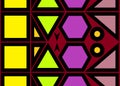 A combination of simple colourful shapes square triangles hexagons circles and upward arrows maroon backdrop