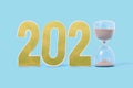 Combination of two and zero numbers with a sand clock at the end on the blue background