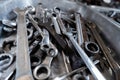 Combination wrenches, spanner, diverse wrench tools in garage