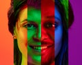 Combinations of cropped female and male portraits, different races faces isolated over multicolored neon backgrounds.