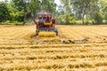 Combine harvester in action on rice field. Harvesting is the pro