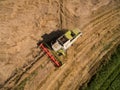 Combine harvester - Aerial view of modern combine harvester at the harvesting the wheat on the golden wheat field in the summer Royalty Free Stock Photo