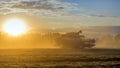 Combine harvester agricultural machine harvesting golden ripe wheat fields at sunset. Agriculture