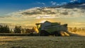 Combine harvester agricultural machine harvesting golden ripe wheat fields at sunset. Agriculture