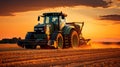 A combine harvester or agricultural tractor is processing or harvesting wheat in a field in the afternoon at sunset. Generative AI Royalty Free Stock Photo
