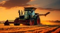 A combine harvester or agricultural tractor is processing or harvesting wheat in a field in the afternoon at sunset. Generative AI Royalty Free Stock Photo