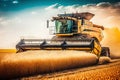 Combine harvester agriculture machine harvesting golden ripe wheat field, Generative AI Royalty Free Stock Photo