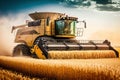 Combine harvester agriculture machine harvesting golden ripe wheat field, Generative AI Royalty Free Stock Photo