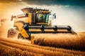 Combine harvester agriculture machine harvesting golden ripe wheat field, Generative AI Royalty Free Stock Photo