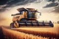 Combine harvester agriculture machine harvesting golden ripe wheat field, Generative AI Royalty Free Stock Photo