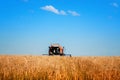 Combine harvester agriculture machine harvesting ripe wheat in farm field Royalty Free Stock Photo