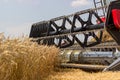 Combine harvester close up. Combine harvester harvesting wheat. Grain harvesting combine. Combine harvesting wheat. Wheat field bl Royalty Free Stock Photo