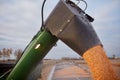 Combine harvester filling a farm truck