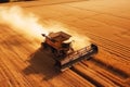 combine harvester harvesting crop wheat grain from field in summer at sunset. Top view. Generative AI Royalty Free Stock Photo