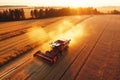 combine harvester harvesting crop wheat grain from field in summer at sunset. Top view. Generative AI Royalty Free Stock Photo
