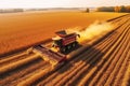 combine harvester harvesting crop wheat grain from field in summer at sunset. Top view. Generative AI Royalty Free Stock Photo