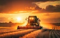 Combine harvester harvesting ripe wheat on big wheat field and tractor Royalty Free Stock Photo