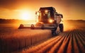 Combine harvester harvesting ripe wheat on big wheat field and tractor Royalty Free Stock Photo