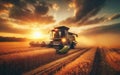 Combine harvester harvesting ripe wheat on big wheat field and tractor Royalty Free Stock Photo