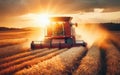 Combine harvester harvesting ripe wheat on big wheat field and tractor Royalty Free Stock Photo