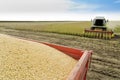 Combine harvester harvesting soybean at field Royalty Free Stock Photo