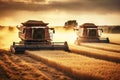 combine harvester harvests wheat from field on farm in summer at sunset. Generative AI illustration Royalty Free Stock Photo