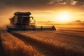 combine harvester harvests wheat from field on farm in summer at sunset. Generative AI illustration Royalty Free Stock Photo