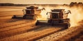 combine harvester harvests wheat from field on farm in summer at sunset. Generative AI illustration Royalty Free Stock Photo