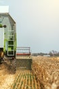 Combine harvester machine harvesting ripe wheat crops Royalty Free Stock Photo