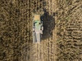 Combine harvester picking seed from fields, aerial view of a field with a combine harvester with cornhusker gathering the crop