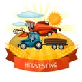 Combine harvester and tractor on wheat field. Agricultural illustration farm rural landscape Royalty Free Stock Photo