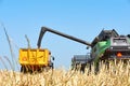 Combine harvester unloading wheat into a trailer Royalty Free Stock Photo