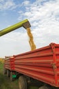 Combine harvester unloads soybean seeds after harvest