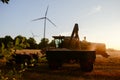 Combine harvester unloads wheat grain Royalty Free Stock Photo