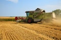 Combine harvester working on a golden ripe wheat field on a bright summer day. Lot of grain dust in the air Royalty Free Stock Photo