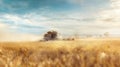 The combine harvester working in a golden wheat field under a beautiful sky. AI generated image Royalty Free Stock Photo