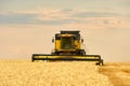 Combine harvester working in wheat field with cloudy moody sky. Harvesting machine driver cutting crop in a farmland Royalty Free Stock Photo