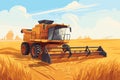 Combine harvester working in wheat field. Wheat harvesting process with modern combine, vector