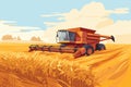 Combine harvester working in wheat field. Wheat harvesting process with modern combine, vector Royalty Free Stock Photo