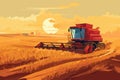 Combine harvester working in wheat field. Wheat harvesting process with modern combine, vector Royalty Free Stock Photo