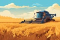 Combine harvester working in wheat field. Wheat harvesting process with modern combine, vector Royalty Free Stock Photo