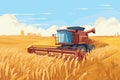 Combine harvester working in wheat field. Wheat harvesting process with modern combine, vector Royalty Free Stock Photo