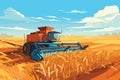Combine harvester working in wheat field. Wheat harvesting process with modern combine, vector Royalty Free Stock Photo