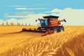 Combine harvester working in wheat field. Wheat harvesting process with modern combine, vector Royalty Free Stock Photo