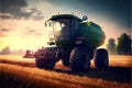Combine harvester working on a wheat field at sunset. Royalty Free Stock Photo
