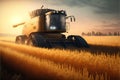 Combine harvester working on a wheat field at sunset. Royalty Free Stock Photo