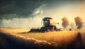 Combine harvester working on a wheat field at sunset. Royalty Free Stock Photo