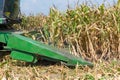 Combine harvesters are working in corn fields. Harvesting of corn field with combine in early autumn. Royalty Free Stock Photo